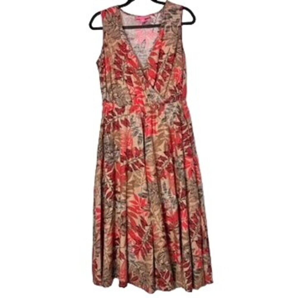 Woman Within Linen Blend Sun Dress Size 14W Floral Elastic Waist Surplice